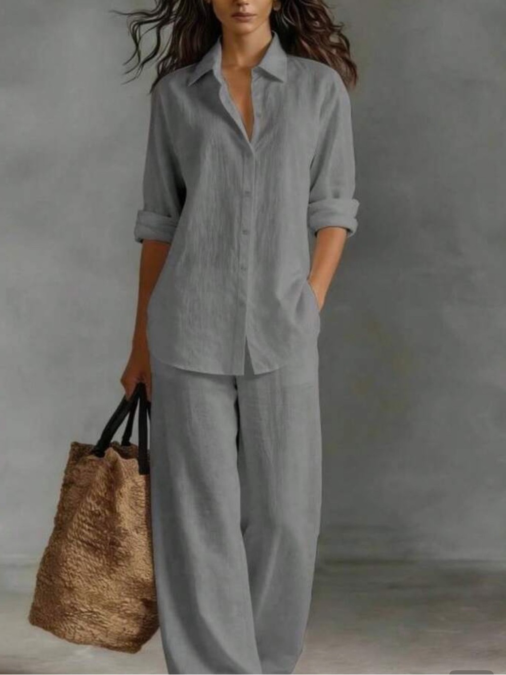 Relaxed Linen-Blend Wide Leg Pants & Shirt Set - Gray